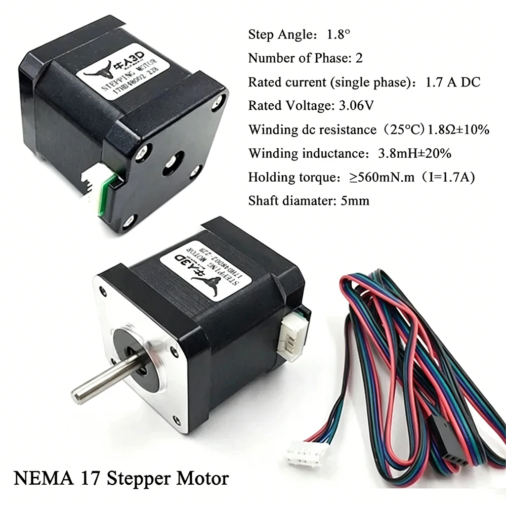 Nema17 Schrittmotor 48mm Bipolar 2A 59Ncm 84oz mit 4 Anschlüssen 17HS19 2004S1 Hochdrehmoment für CNC-Laser