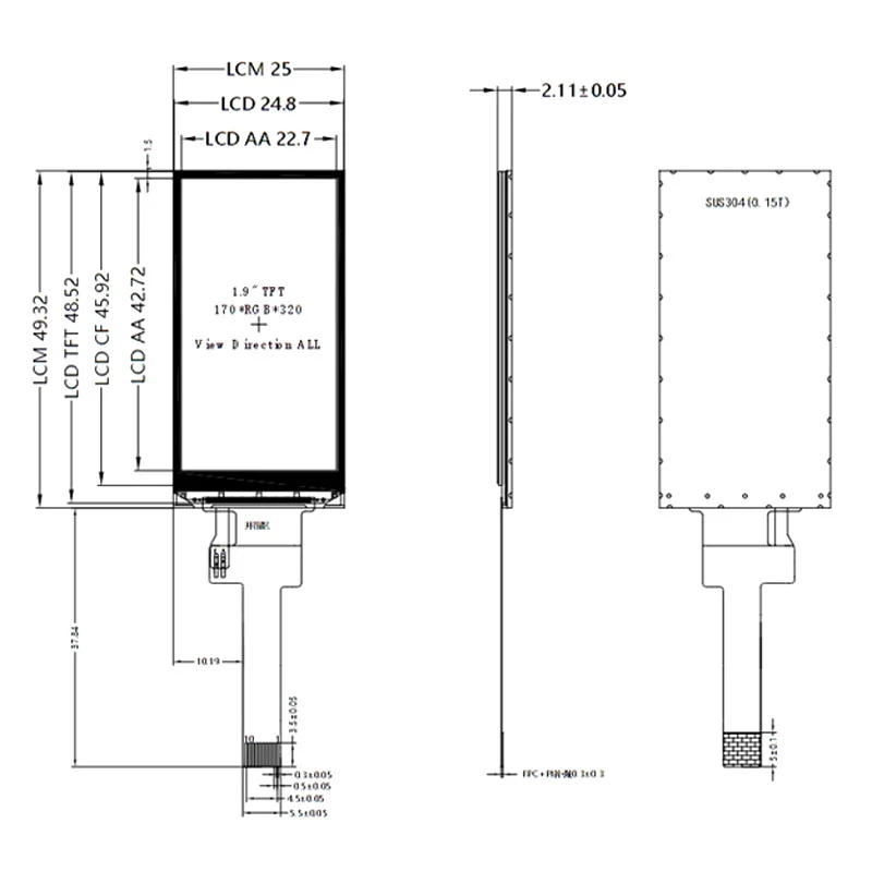1,9 Zoll TFT LCD Displaymodul, ST7789 Treiber-IC, 170x320 Auflösung – Bild 5