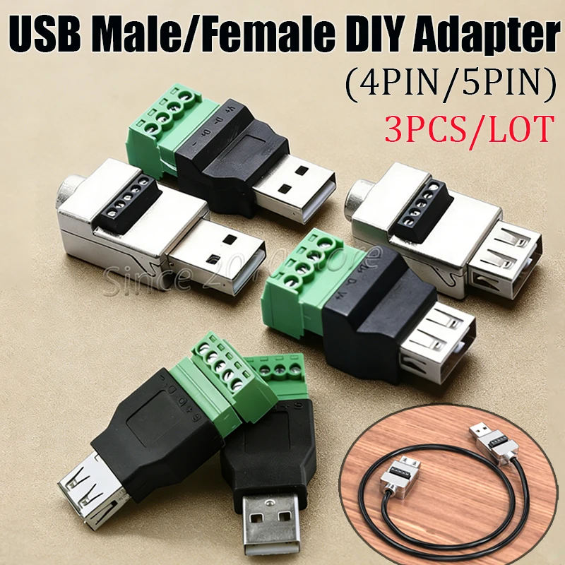 USB 2.0 lötfreier Adapter A-Typ Stecker/Buchse auf 4-Pin/5-Pin Schraubklemmen-Stecker, geeignet (3 Stück)