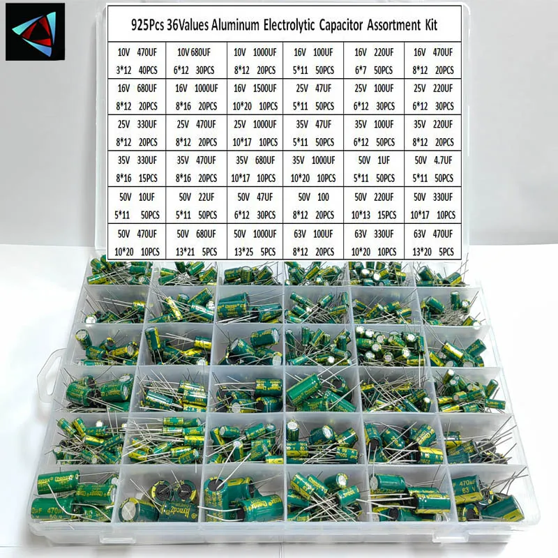 Sortiment an Aluminium-Elektrolytkondensatoren mit 36 Werte, niedriger ESR, 1 uF, 4,7 uF, 10 uF (925 Stück)