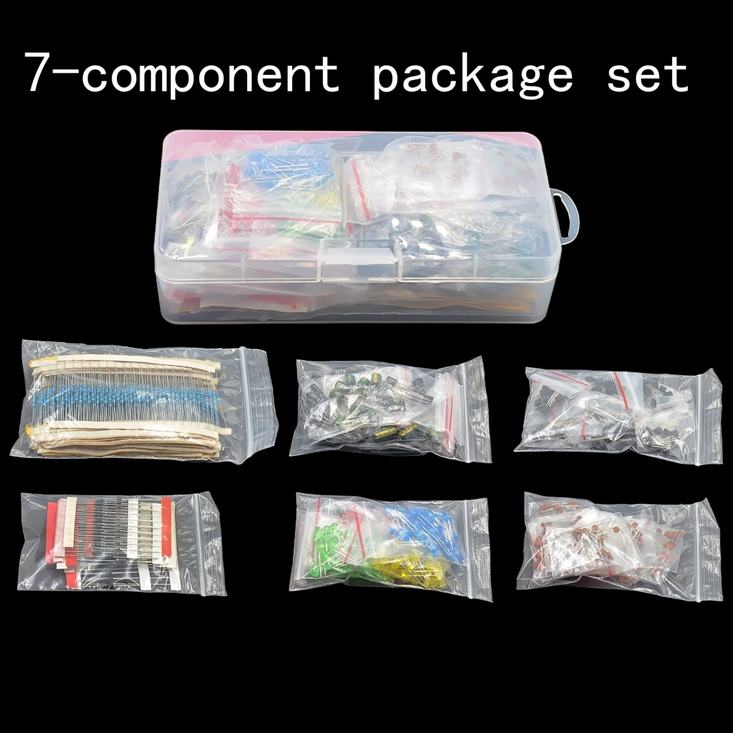 7-Komponenten-Set: Widerstandspaket, Elektrolytkondensatorpaket, LED-Leuchtdiodenpaket, Transistorpaket