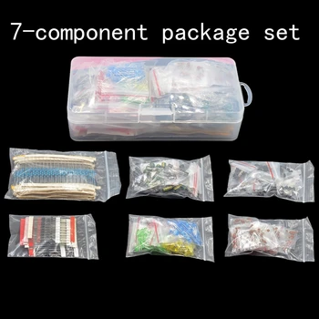 7-Komponenten-Set: Widerstandspaket, Elektrolytkondensatorpaket, LED-Leuchtdiodenpaket, Transistorpaket