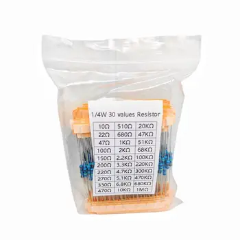 30 Arten 1/4w Widerstand 1% Metall film Widerstands paket sortiert Kit 1k 10k 300 k Ohm 1m Widerstände