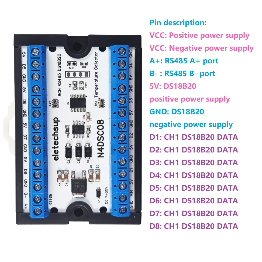 8-Wege 1-Draht DS18B20 Digitaler Temperatursensor Modbus RS485 Analoges IO-Modul Papierlose Rekorderplatine