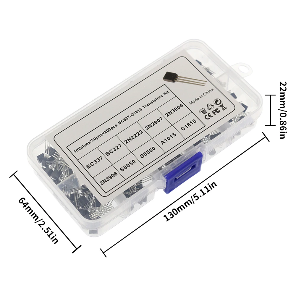 Transistor-Kit-Sortimentskasten, 10 Werte, TO-92 2N2222 2N2907 2N3904 2N3906 S8050 S8550 A1015 C1815
