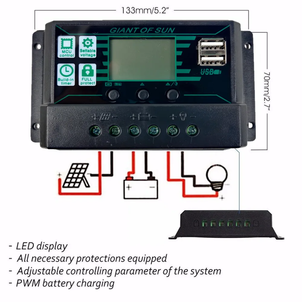 Solarladeregler 100 A PWM LCD-Display 12 V/24 V Dual USB 5 V – Bild 4