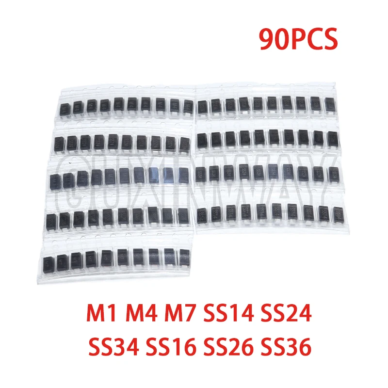 Gleichrichterdiode 1N4007 1N4001 1N4004 SS14 SS24 SS34 SS16 SS26 SS36 SMD Schottky Diode Sortiment (90 Stück)
