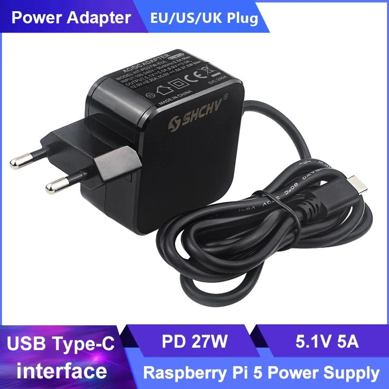 5,1V 5A Raspberry Pi 5 Netzteil PD 27W USB Typ-C Stromversorgung EU US UK Stecker Ladegerät für RPI 5 Pi5